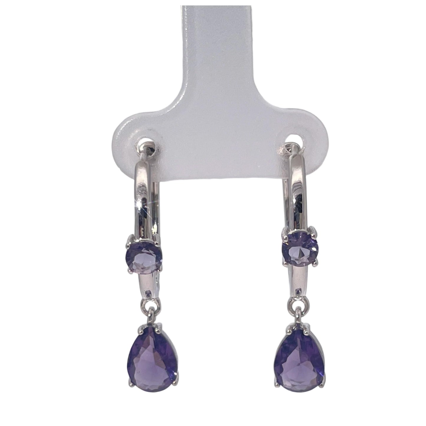 Warm Fortune Purple Double Teardrop Gemstone Dangle Hoop Earrings, Silver Tone Fashion Jewelry for Women, Trendy Party & Daily Accessory
