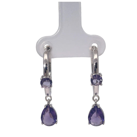 Warm Fortune Purple Double Teardrop Gemstone Dangle Hoop Earrings, Silver Tone Fashion Jewelry for Women, Trendy Party & Daily Accessory