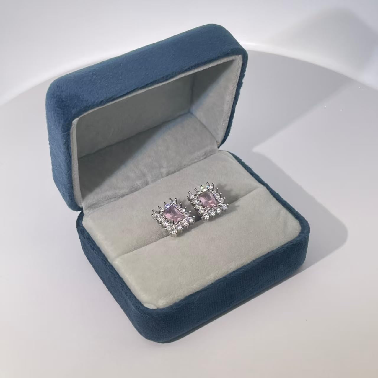 Warm Fortune Rectangle Gemstone Halo Stud Earrings for Women, 2 Colors (Pink/Deep Purple) with Cubic Zirconia Accents, Silver Tone Fashion Jewelry for Elegant Daily & Event Wear