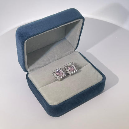 Warm Fortune Rectangle Gemstone Halo Stud Earrings for Women, 2 Colors (Pink/Deep Purple) with Cubic Zirconia Accents, Silver Tone Fashion Jewelry for Elegant Daily & Event Wear