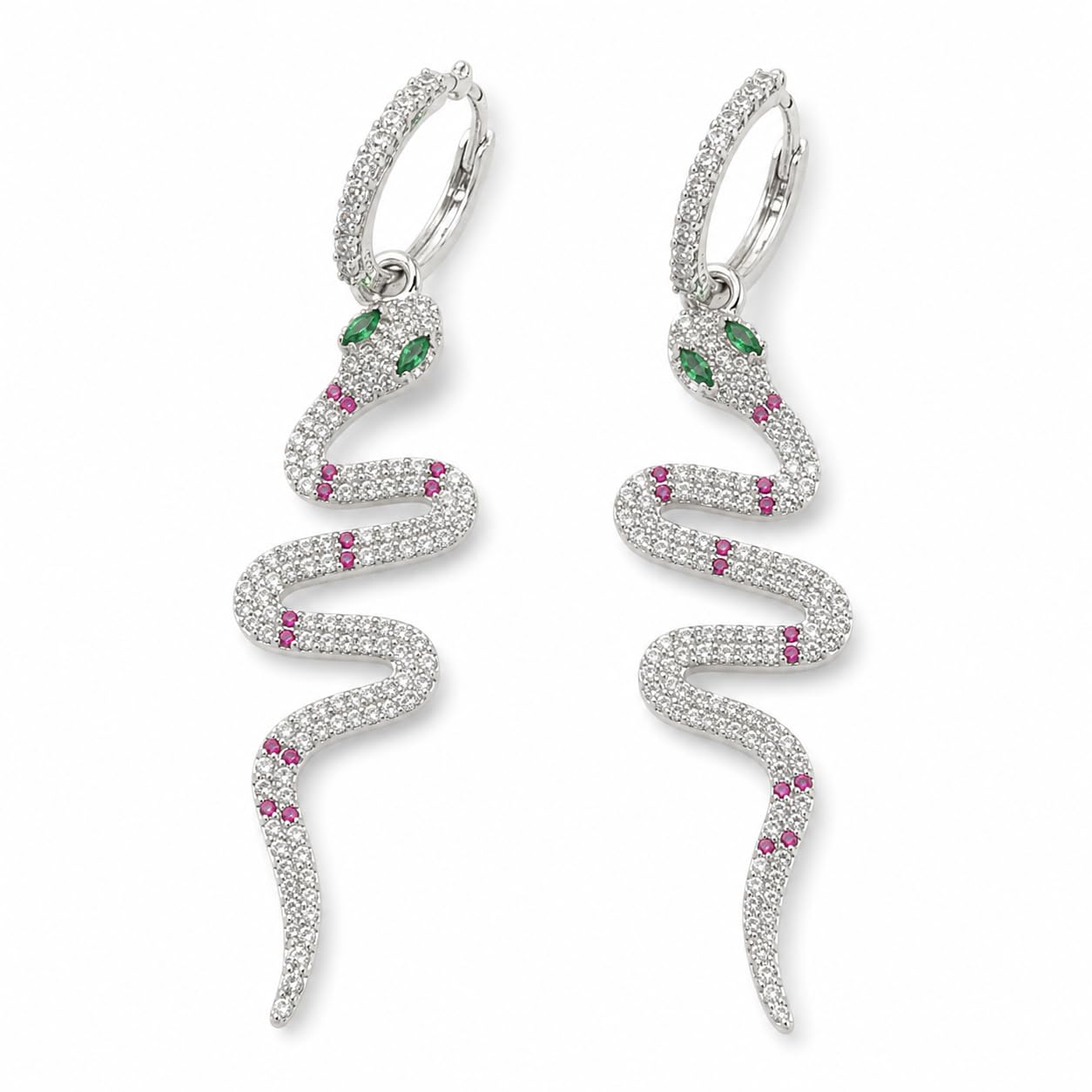 Warm Fortune 18K White Gold Plated Multicolor CZ Snake Drop Earrings