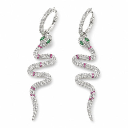 Warm Fortune 18K White Gold Plated Multicolor CZ Snake Drop Earrings