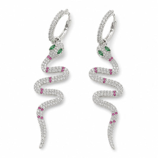 Warm Fortune 18K White Gold Plated Multicolor CZ Snake Drop Earrings