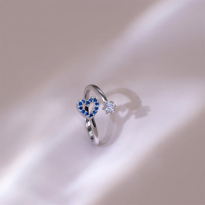 Warm Fortune Open Heart Blue CZ Split Shank Ring for Women,18K Gold Plated Single Round Clear CZ Stackable Promise Jewelry Gift