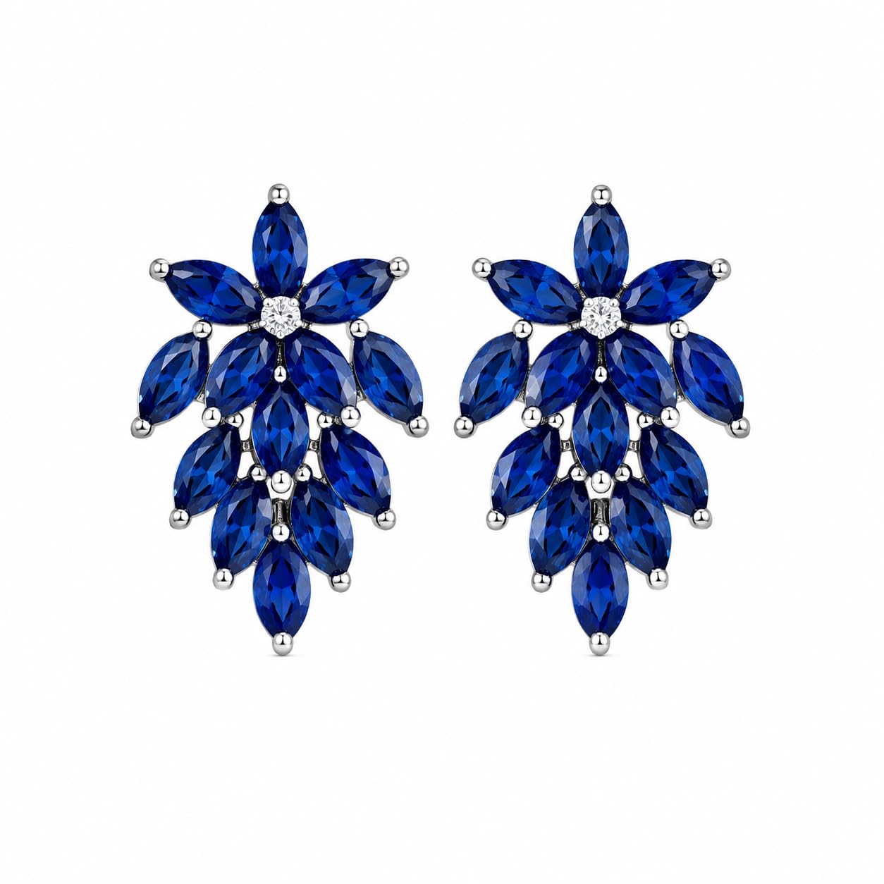 Warm Fortune 18K White Gold Plated Blue CZ Leaf Cluster Stud Earrings