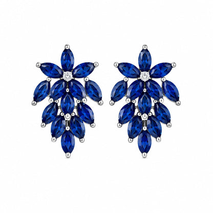 Warm Fortune 18K White Gold Plated Blue CZ Leaf Cluster Stud Earrings