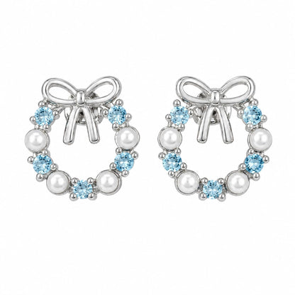 Warm Fortune 18K Gold Plated Bowknot Wreath Cubic Zirconia Cultured Pearl Stud Earrings for Adult Women Hypoallergenic - Valentine's Day, Mother's Day, Birthday Gift for Her