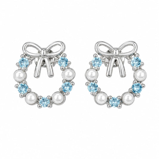 Warm Fortune 18K Gold Plated Bowknot Wreath Cubic Zirconia Cultured Pearl Stud Earrings for Adult Women Hypoallergenic - Valentine's Day, Mother's Day, Birthday Gift for Her