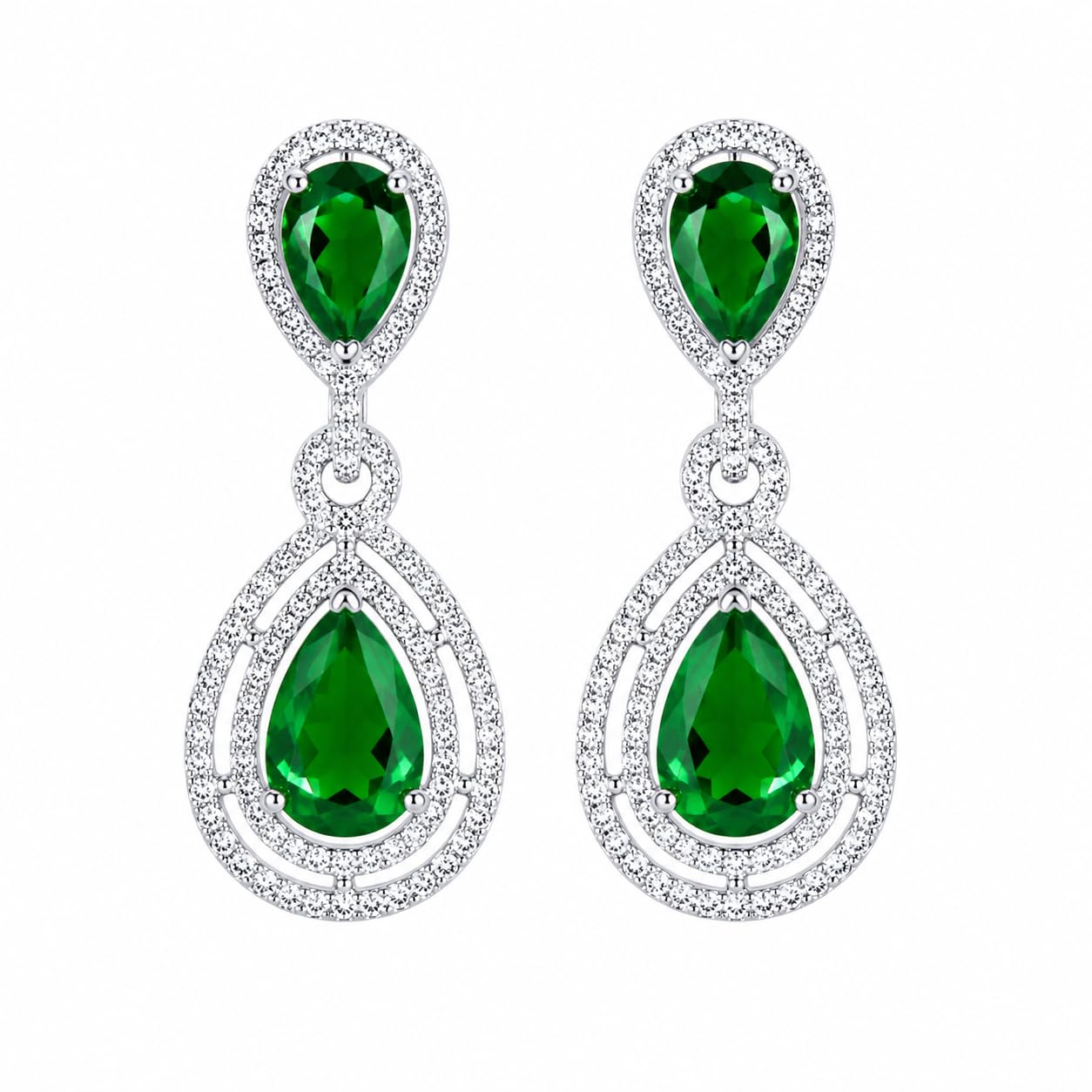Warm Fortune 18K White Gold Plated Green CZ Teardrop Dangle Earrings