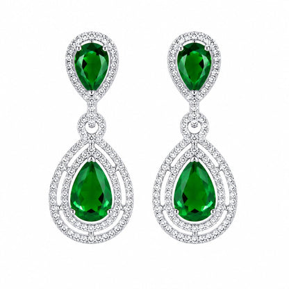 Warm Fortune 18K White Gold Plated Green CZ Teardrop Dangle Earrings