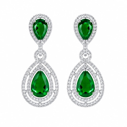 Warm Fortune 18K White Gold Plated Green CZ Teardrop Dangle Earrings