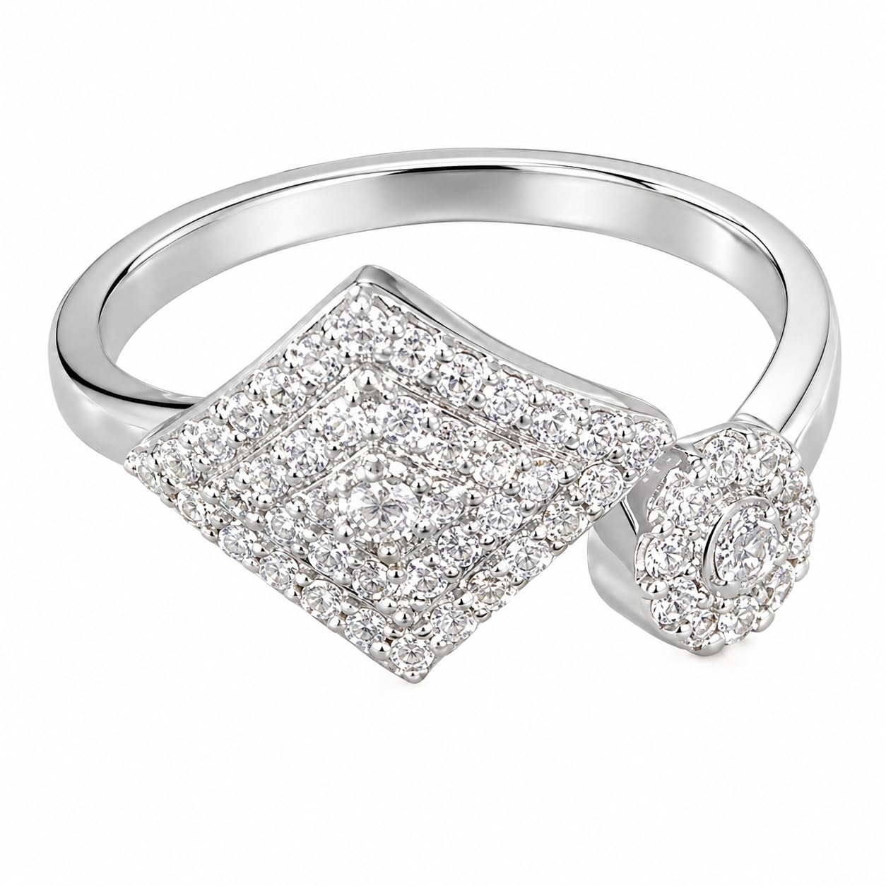 Warm Fortune Square‑Cluster CZ Open Ring for Women, 18K White Gold Plated Adjustable Cubic Zirconia Statement Band, Dainty Elegant Jewelry, Size 7