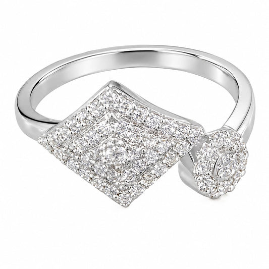 Warm Fortune Square‑Cluster CZ Open Ring for Women, 18K White Gold Plated Adjustable Cubic Zirconia Statement Band, Dainty Elegant Jewelry, Size 7
