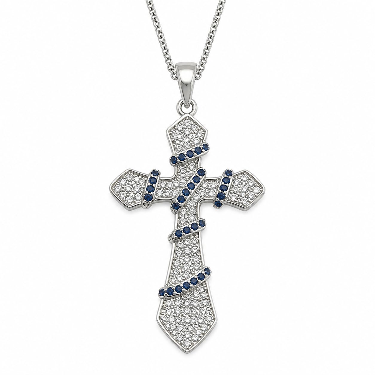 Warm Fortune Ribbon Cross Pendant Necklace for Women, 18K White Gold Plated Brass, Blue and Clear CZ, 18 Inch Chain, Blue Ribbon Accent