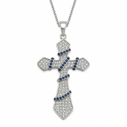 Warm Fortune Ribbon Cross Pendant Necklace for Women, 18K White Gold Plated Brass, Blue and Clear CZ, 18 Inch Chain, Blue Ribbon Accent