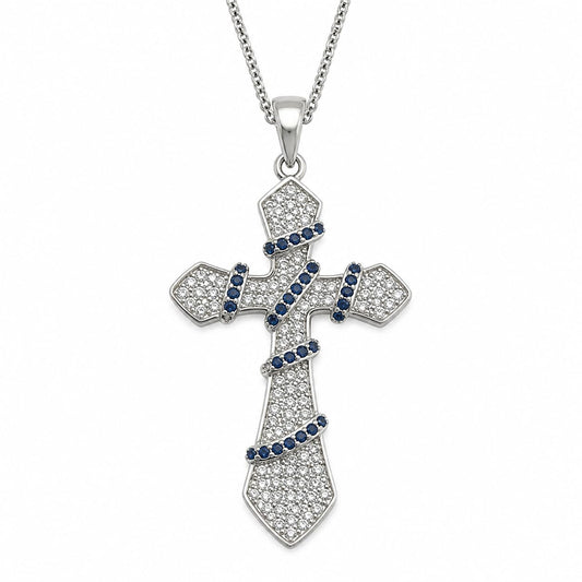 Warm Fortune Ribbon Cross Pendant Necklace for Women, 18K White Gold Plated Brass, Blue and Clear CZ, 18 Inch Chain, Blue Ribbon Accent