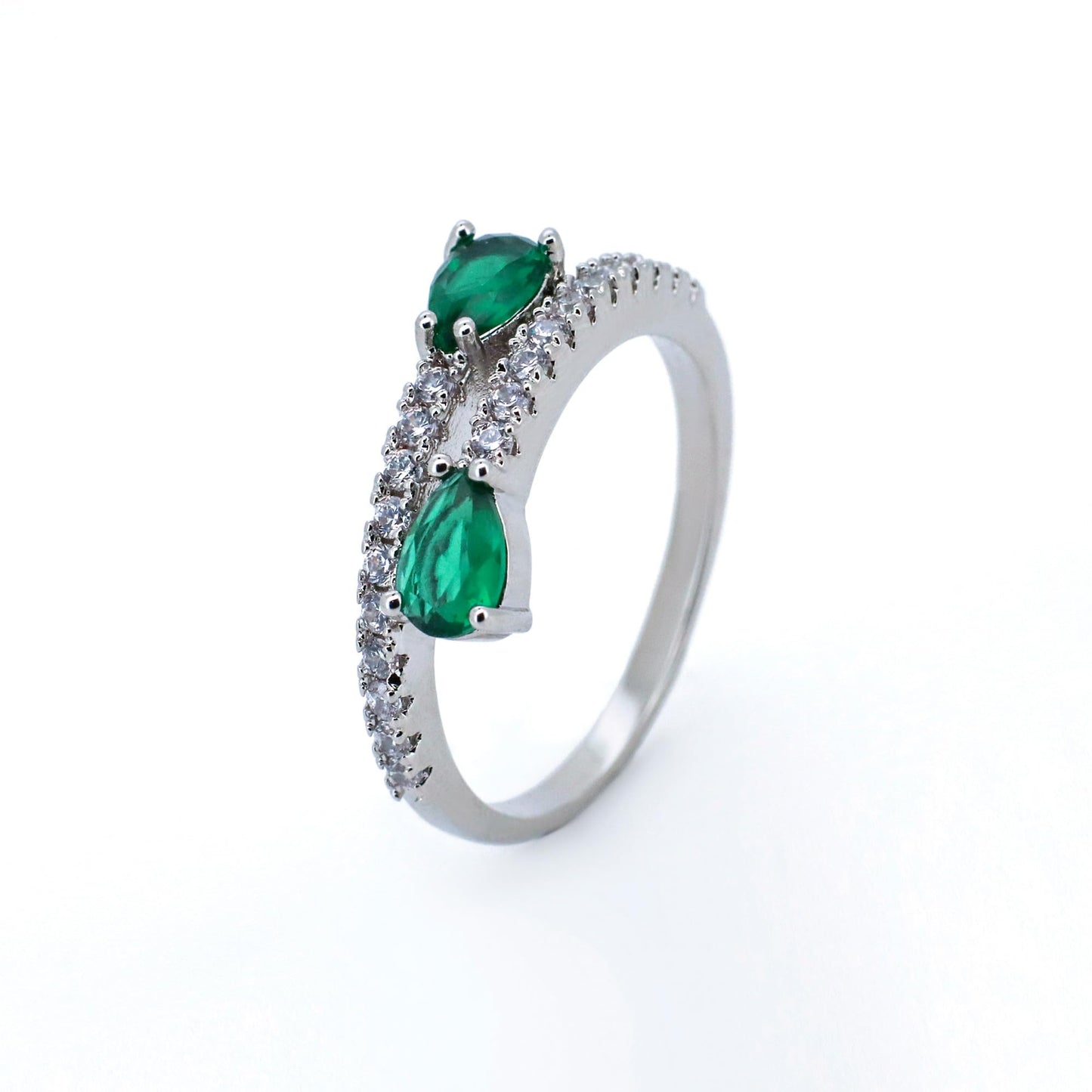 Warm Fortune Two Pear Cut Simulated Emerald Ring for Women,18K Gold Plated Side Paved CZ Cocktail Statement Jewelry,Size 8-9