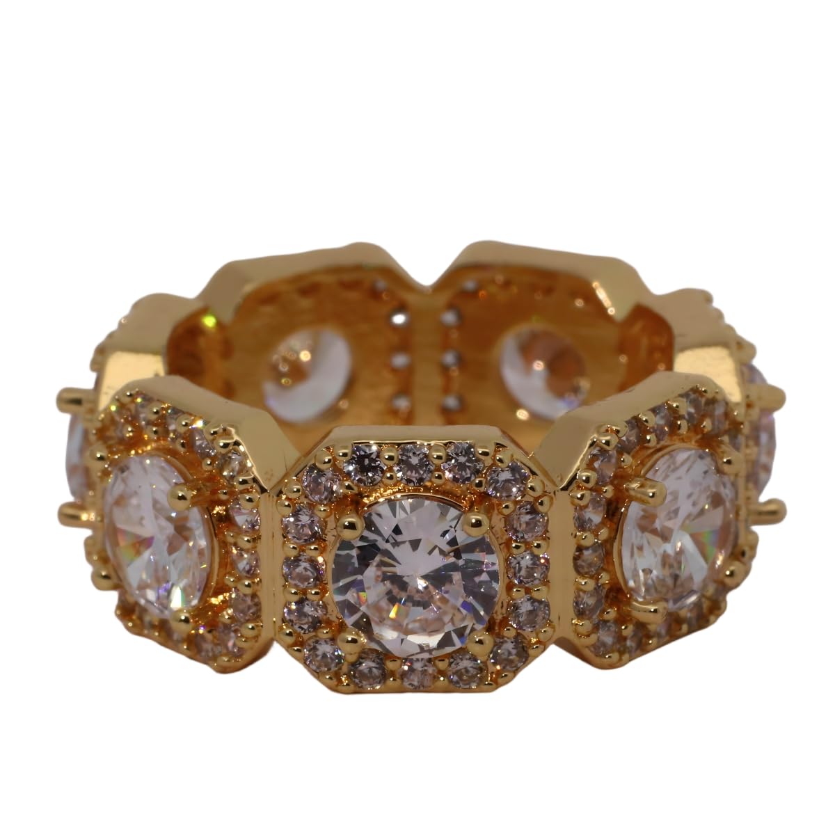 Warm Fortune Gold Plated Cubic Zirconia Band Ring, Hip Hop Street Style For Man or Women Fashion Jewelry