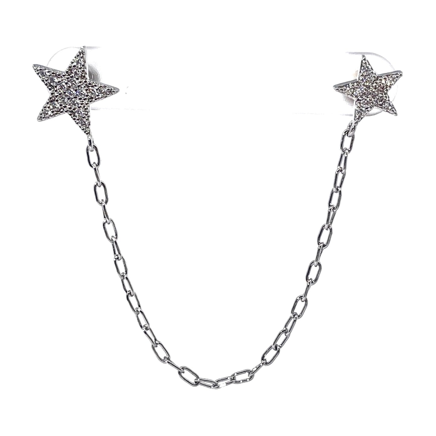 Warm Fortune Single Ear Dual Star Chain Stud Earrings for Women, Full Pave Round Clear Cubic Zirconia Silver Plated Long Dangle Jewelry for Double Piercing Ear Gift for Club Party Birthday Daily Wear