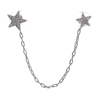 Warm Fortune Single Ear Dual Star Chain Stud Earrings for Women, Full Pave Round Clear Cubic Zirconia Silver Plated Long Dangle Jewelry for Double Piercing Ear Gift for Club Party Birthday Daily Wear