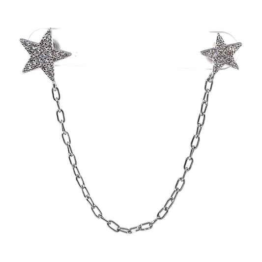 Warm Fortune Single Ear Dual Star Chain Stud Earrings for Women, Full Pave Round Clear Cubic Zirconia Silver Plated Long Dangle Jewelry for Double Piercing Ear Gift for Club Party Birthday Daily Wear