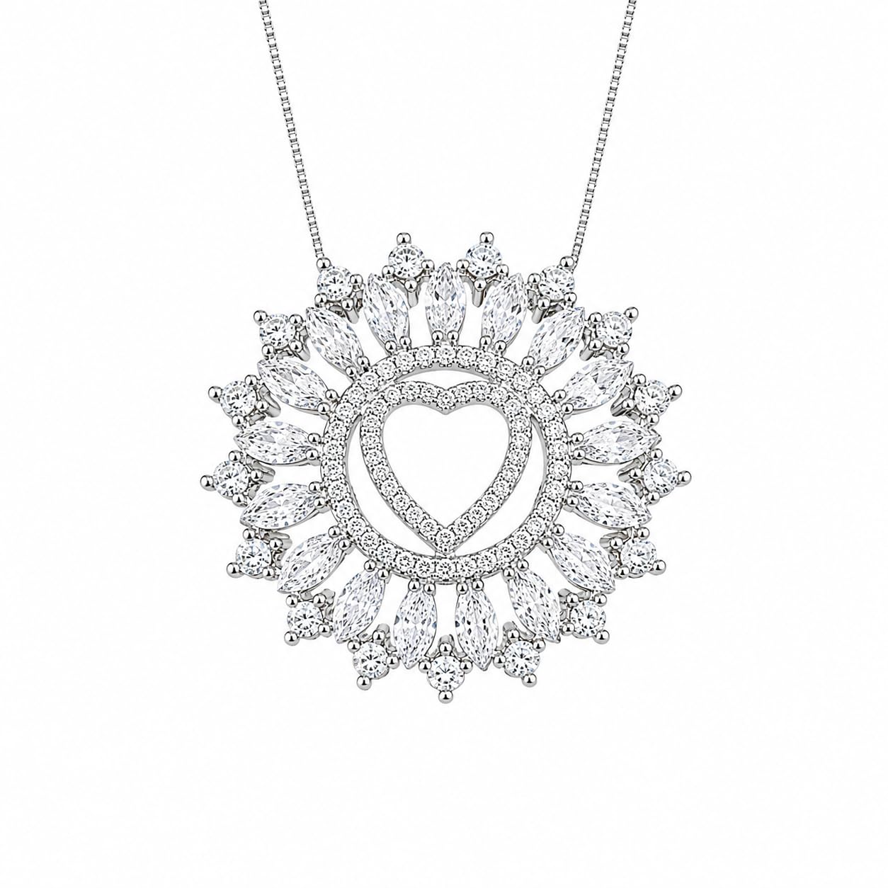 Warm Fortune 18K White Gold Plated CZ Heart Halo Pendant Necklace