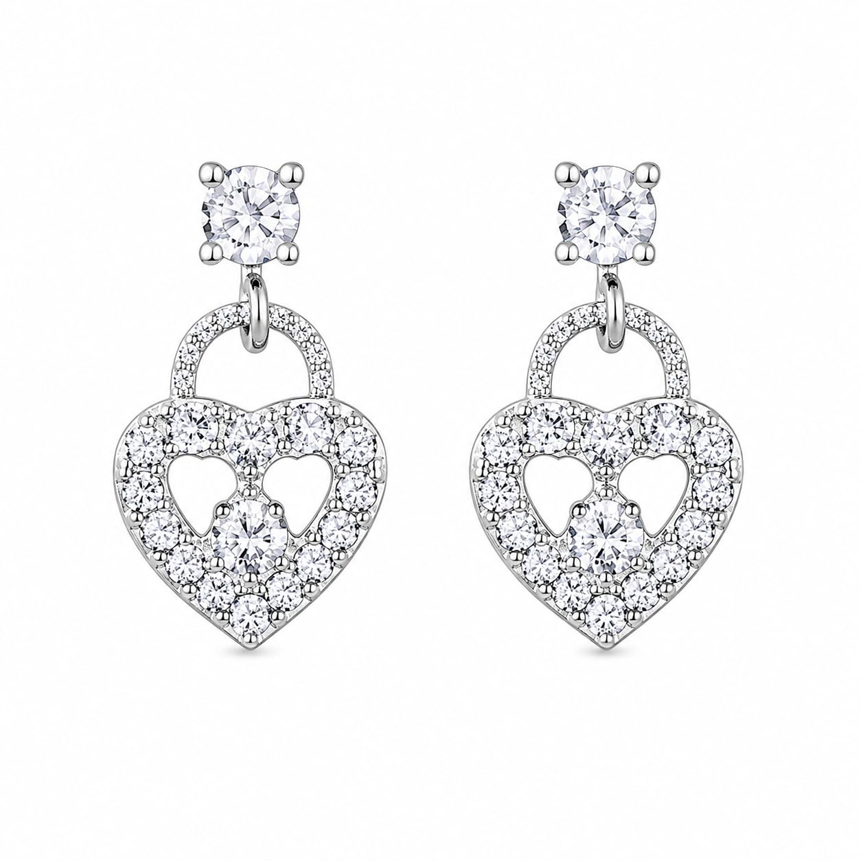 Warm Fortune 18K White Gold Plated CZ Heart Lock Dangle Earrings