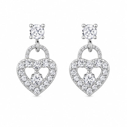 Warm Fortune 18K White Gold Plated CZ Heart Lock Dangle Earrings