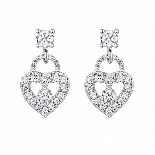 Warm Fortune 18K White Gold Plated CZ Heart Lock Dangle Earrings