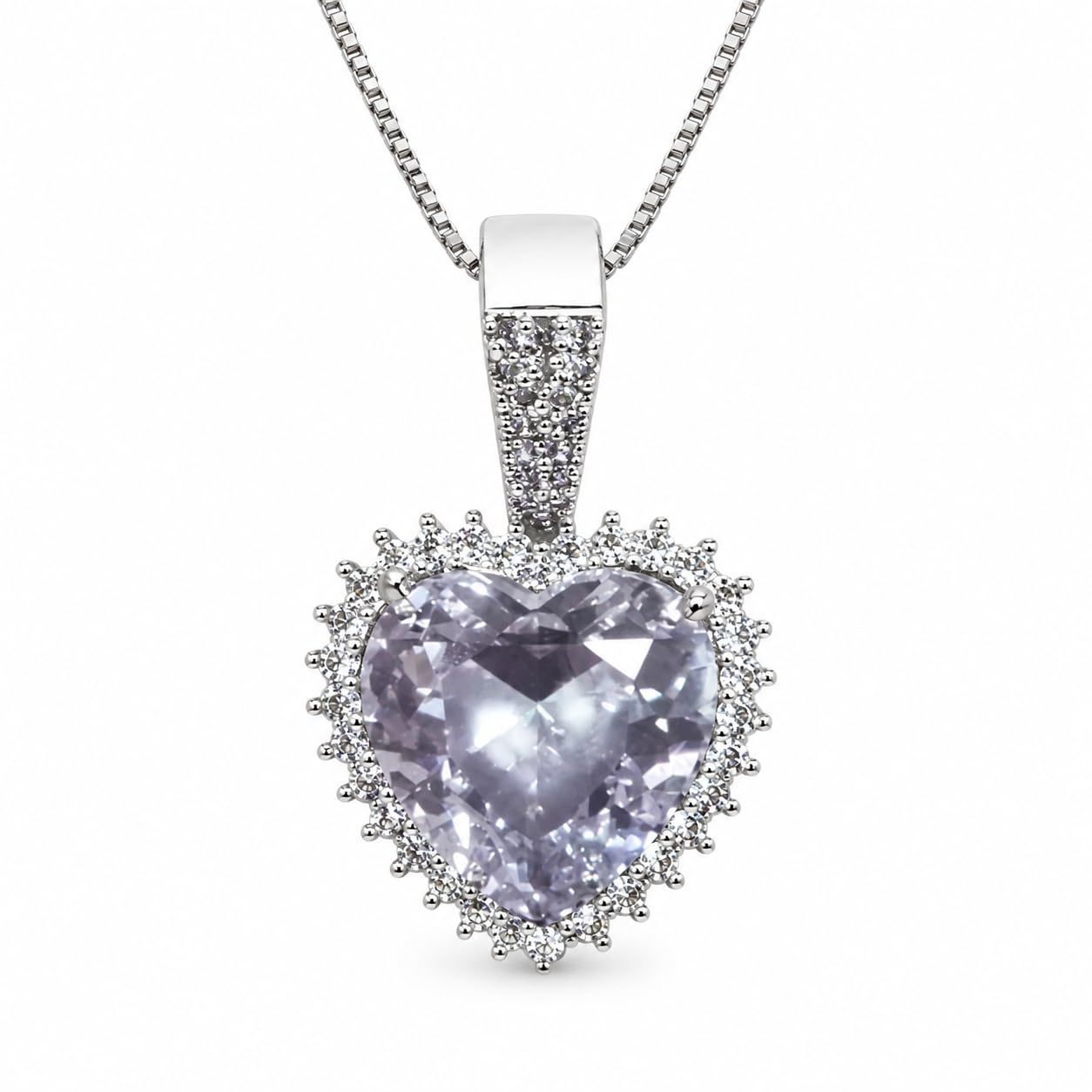 Warm Fortune 18K White Gold Plated Heart CZ Halo Pendant Necklace
