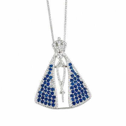 Warm Fortune 18K White Gold Plated CZ Blue Madonna Pendant Necklace