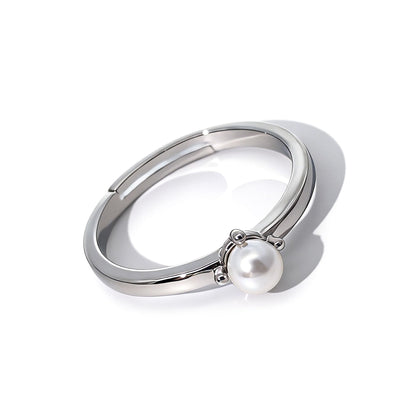 Warm Fortune Single Pearl Open Ring for Women,  18K Gold Plated Adjustable Thin Band, Dainty Freshwater Pearl Minimalist Jewelry