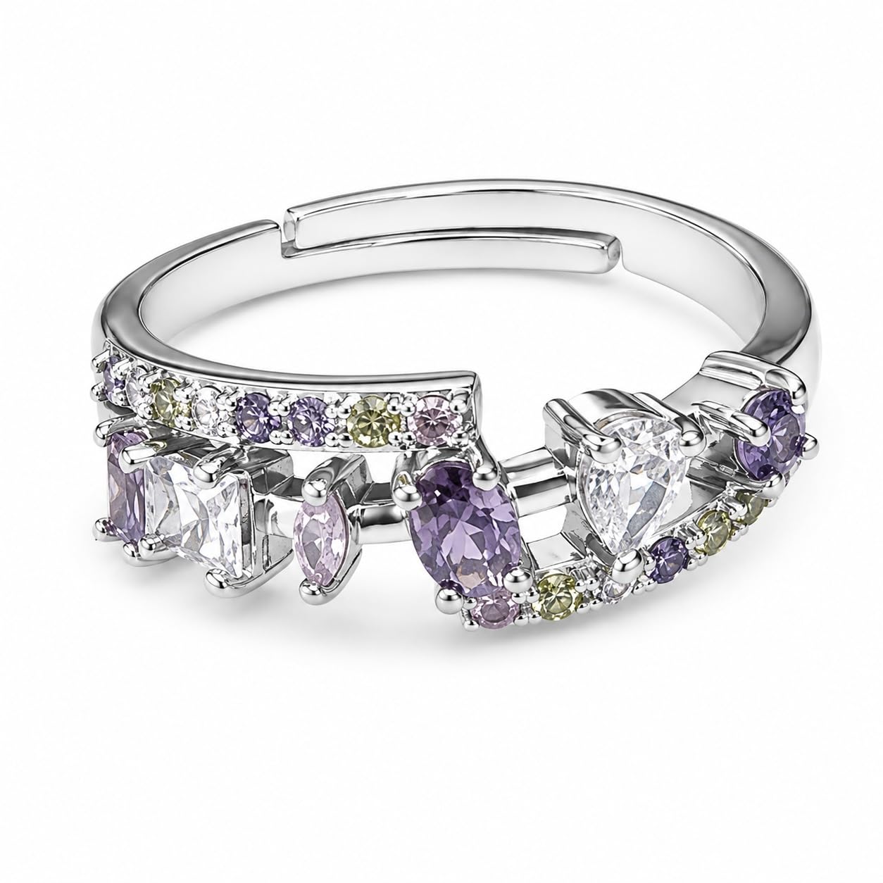 Warm Fortune Open Shank Mixed Shape Cubic Zirconia Ring for Women,21K Gold Plated Multi-cut CZ Casual Statement Jewelry
