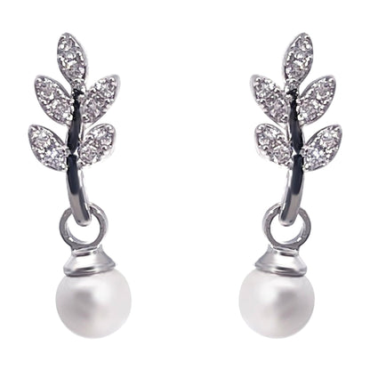 Warm Fortune Leaf Cubic Zirconia Dangle Stud Earrings for Women, 18K Gold Plated Simulated Pearl Drop Fashion Jewelry Gift for Valentine's Day Mother's Day Birthday Wedding Anniversary