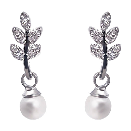 Warm Fortune Leaf Cubic Zirconia Dangle Stud Earrings for Women, 18K Gold Plated Simulated Pearl Drop Fashion Jewelry Gift for Valentine's Day Mother's Day Birthday Wedding Anniversary