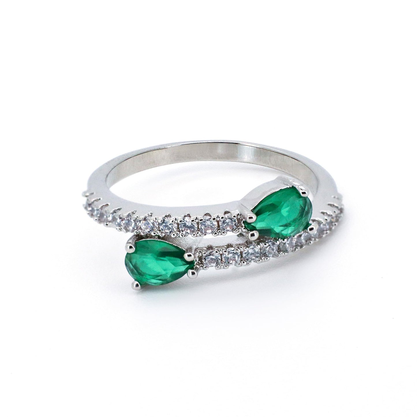 Warm Fortune Two Pear Cut Simulated Emerald Ring for Women,18K Gold Plated Side Paved CZ Cocktail Statement Jewelry,Size 8-9