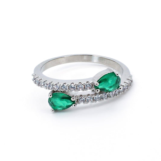 Warm Fortune Two Pear Cut Simulated Emerald Ring for Women,18K Gold Plated Side Paved CZ Cocktail Statement Jewelry,Size 8-9