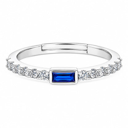 Warm Fortune Rectangle Blue Cubic Zirconia Side Pave Open Cuff Statement Ring for Women, 18K White Gold Plated Stackable Fashion Jewelry