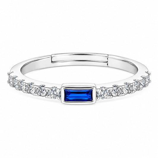 Warm Fortune Rectangle Blue Cubic Zirconia Side Pave Open Cuff Statement Ring for Women, 18K White Gold Plated Stackable Fashion Jewelry