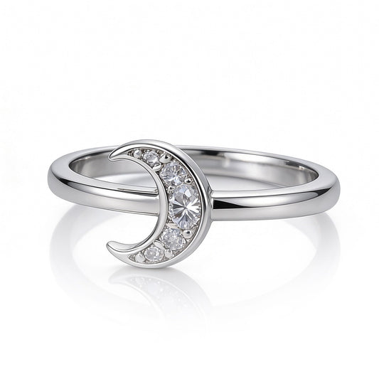 Warm Fortune Crescent Moon Ring, 18K Gold Plated CZ Stackable Promise Ring, Minimalist Celestial Jewelry for Women