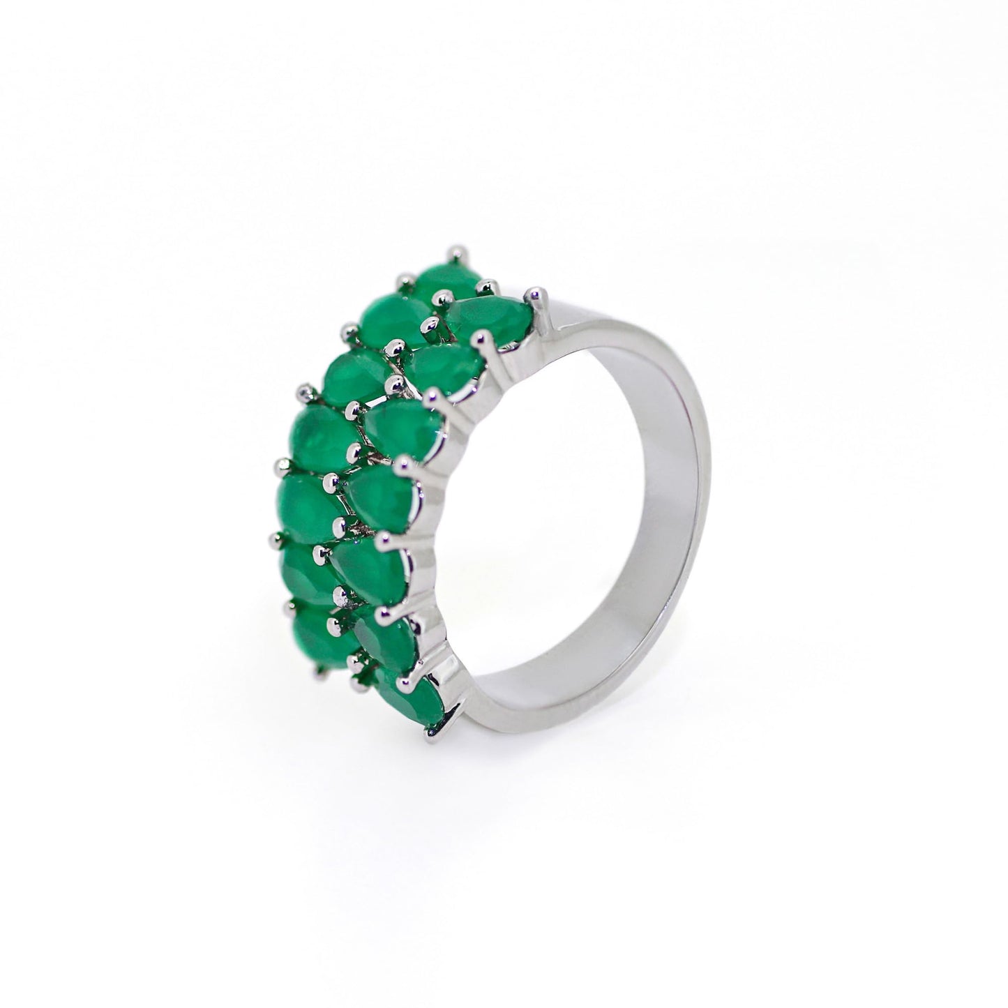 Warm Fortune Double Row Pear Cut Green CZ Eternity Ring for Women,18K Gold Plated Wide Stackable Promise Band Jewelry Gift, Size 6-9