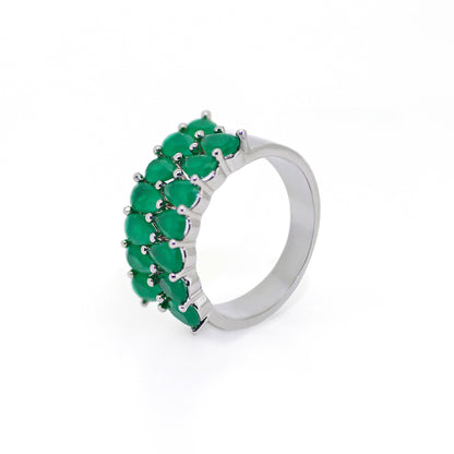 Warm Fortune Double Row Pear Cut Green CZ Eternity Ring for Women,18K Gold Plated Wide Stackable Promise Band Jewelry Gift, Size 6-9