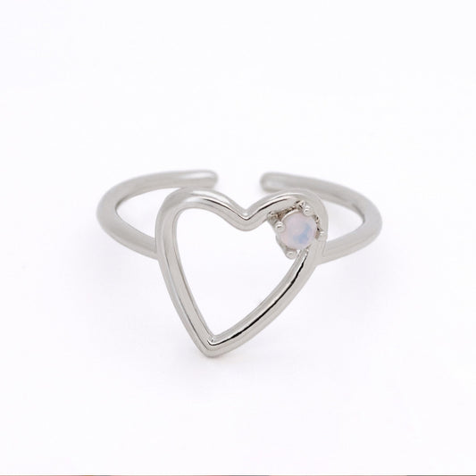Warm Fortune Open Adjustable Band Ring for Women,18K Gold Plated Hollow Heart Opal Inlay Stackable Promise Daily Jewelry Gift