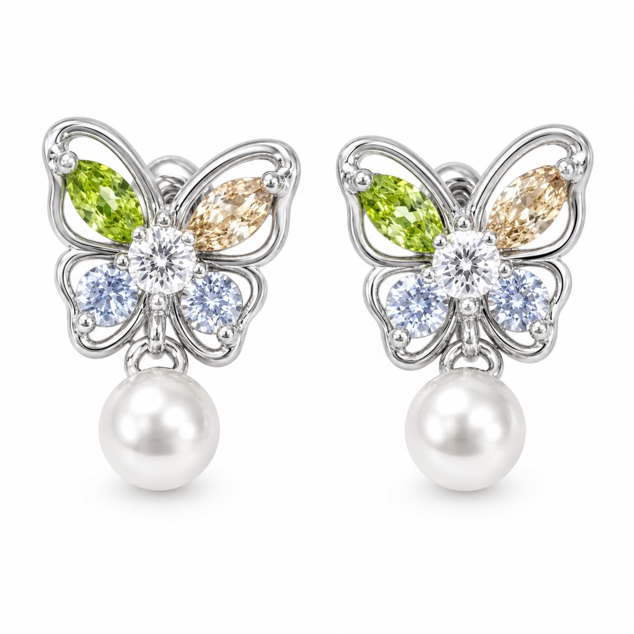 Warm Fortune 18K Gold Plated Butterfly Mixed Cut Cubic Zirconia & Shell Pearl Dangle Earrings for Women Hypoallergenic - Valentine's Day, Mother's Day, Birthday Gift for Her