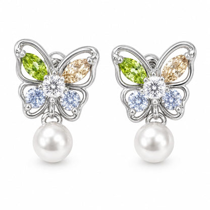 Warm Fortune 18K Gold Plated Butterfly Mixed Cut Cubic Zirconia & Shell Pearl Dangle Earrings for Women Hypoallergenic - Valentine's Day, Mother's Day, Birthday Gift for Her