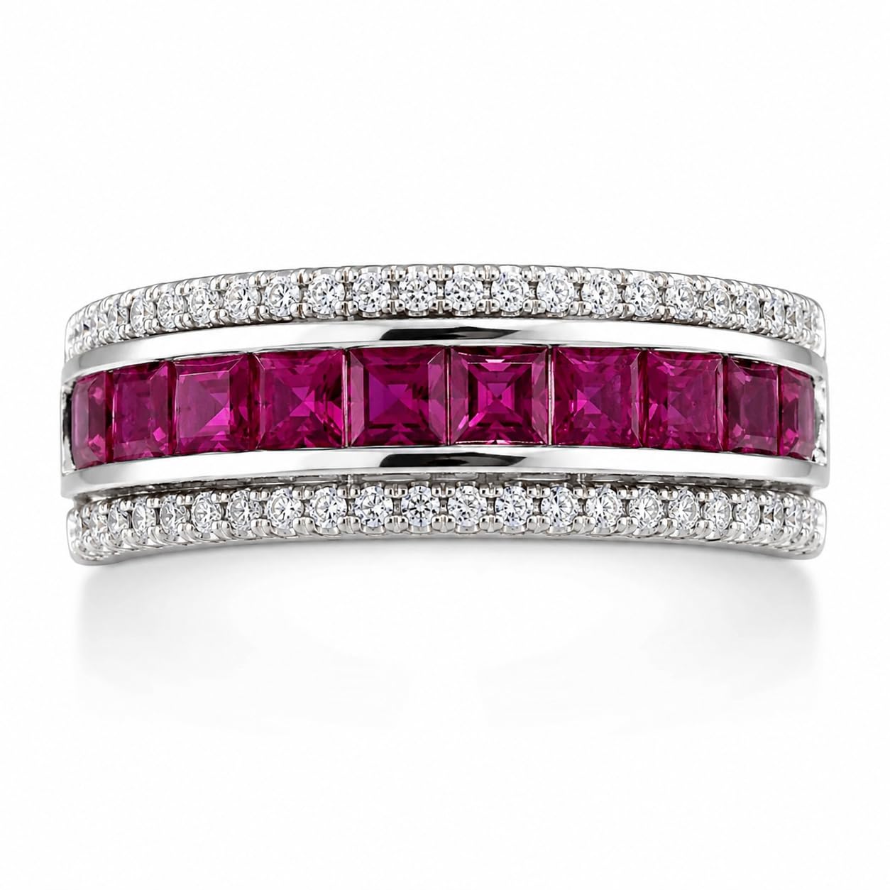 Warm Fortune Curved Three‑Tier CZ Band Ring for Women, 18K White Gold Plated Princess‑Cut Cubic Zirconia Statement Band, Dainty Elegant Jewelry, Size 6-9