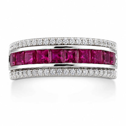 Warm Fortune Curved Three‑Tier CZ Band Ring for Women, 18K White Gold Plated Princess‑Cut Cubic Zirconia Statement Band, Dainty Elegant Jewelry, Size 6-9