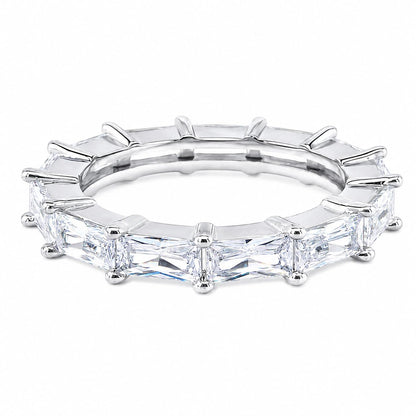 Warm Fortune Full Eternity Baguette Cut Claw Set Band Statement Ring for Women, 18K White Gold Plated Cubic Zirconia Stackable Fashion Jewelry, Size 6-9