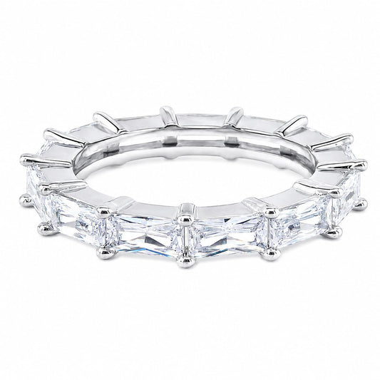 Warm Fortune Full Eternity Baguette Cut Claw Set Band Statement Ring for Women, 18K White Gold Plated Cubic Zirconia Stackable Fashion Jewelry, Size 6-9