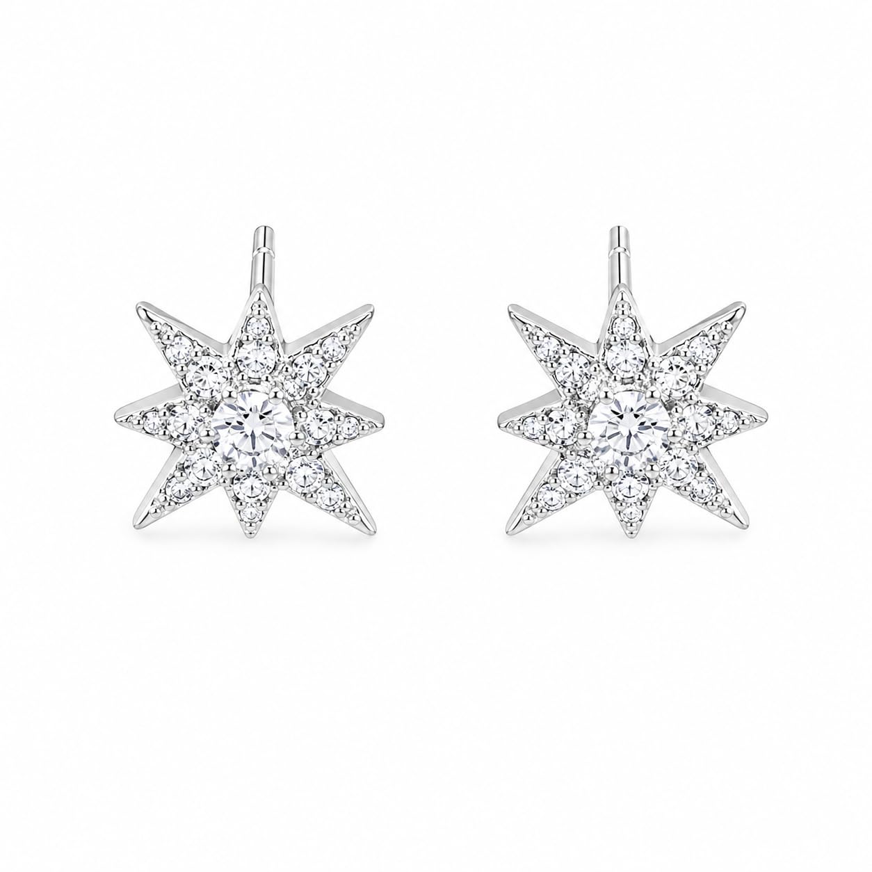Warm Fortune 18K White Gold Plated CZ Starburst Stud Earrings for Women